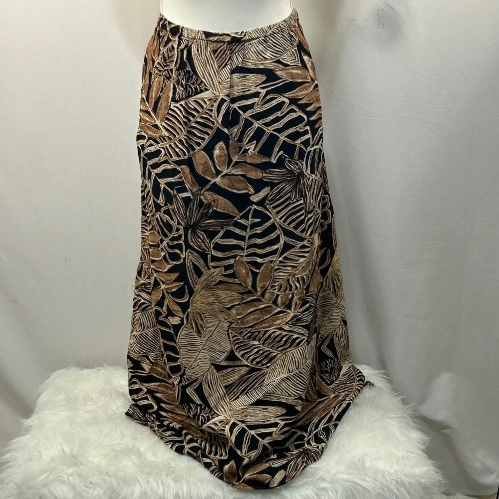 Laura Ashley Maxi Skirt Size 12 Black‎ Brown Tan Floral Leaf Print Long